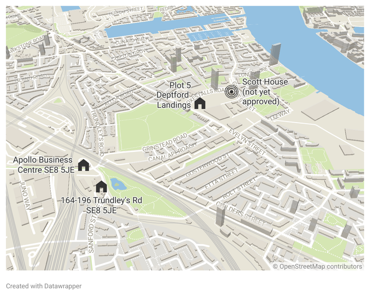 3D map showing 4 of the PBSA developments in Deptford, with other tower blocks