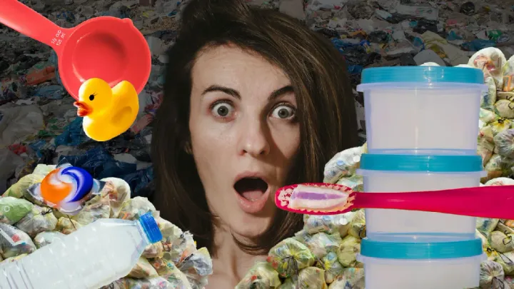 Collage of shocked woman surrounded by everyday plastic items