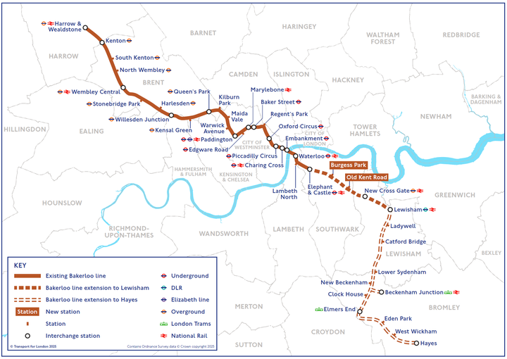 Map of proposed Bakerloo line extension, showing line from Harrow to Hayes