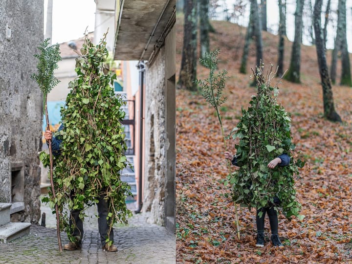2 pictures of person in headdress and fully body costume of ivy, one standing on cobblestones and one on leaves in wood.