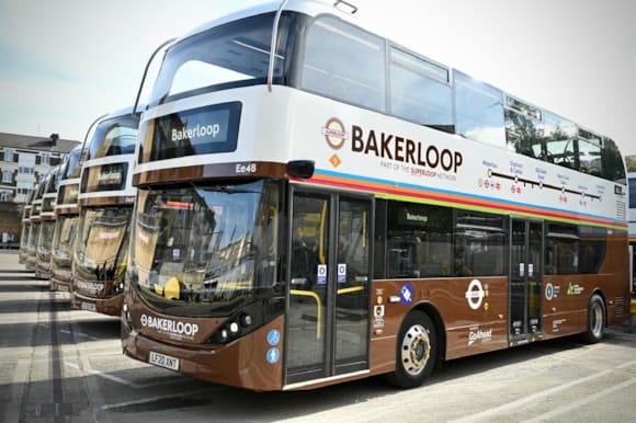 The new buses, with brown branding matching the Bakerloo line 