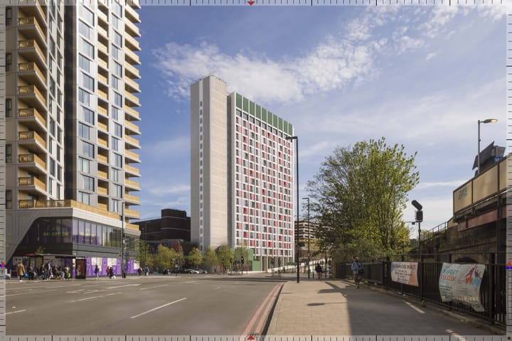 CGI of the renovated Lewisham House building, a 1970s office block, with coloured panels