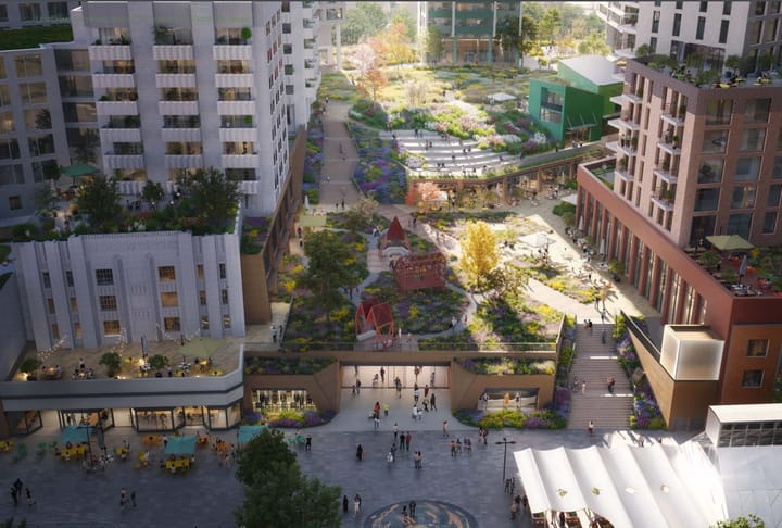 CGI image of Lewisham Shopping Centre redevelopment scheme showing green space and park between new multi-story buildings