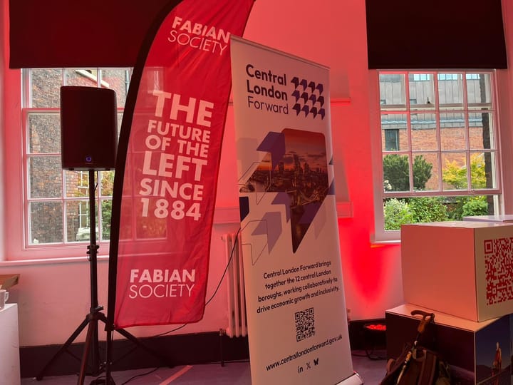 Fabian Society banner - "The Future of the Left since 1884".  Central London Forward event, Labour Party conference. 